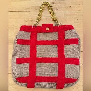 VINTAGE Red and Beige Knit Tote Bag
